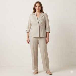 Kasper Womens 2 Piece Linen Blend Pant Suit Beige Tan Blazer 1X Trousers NEW 16W